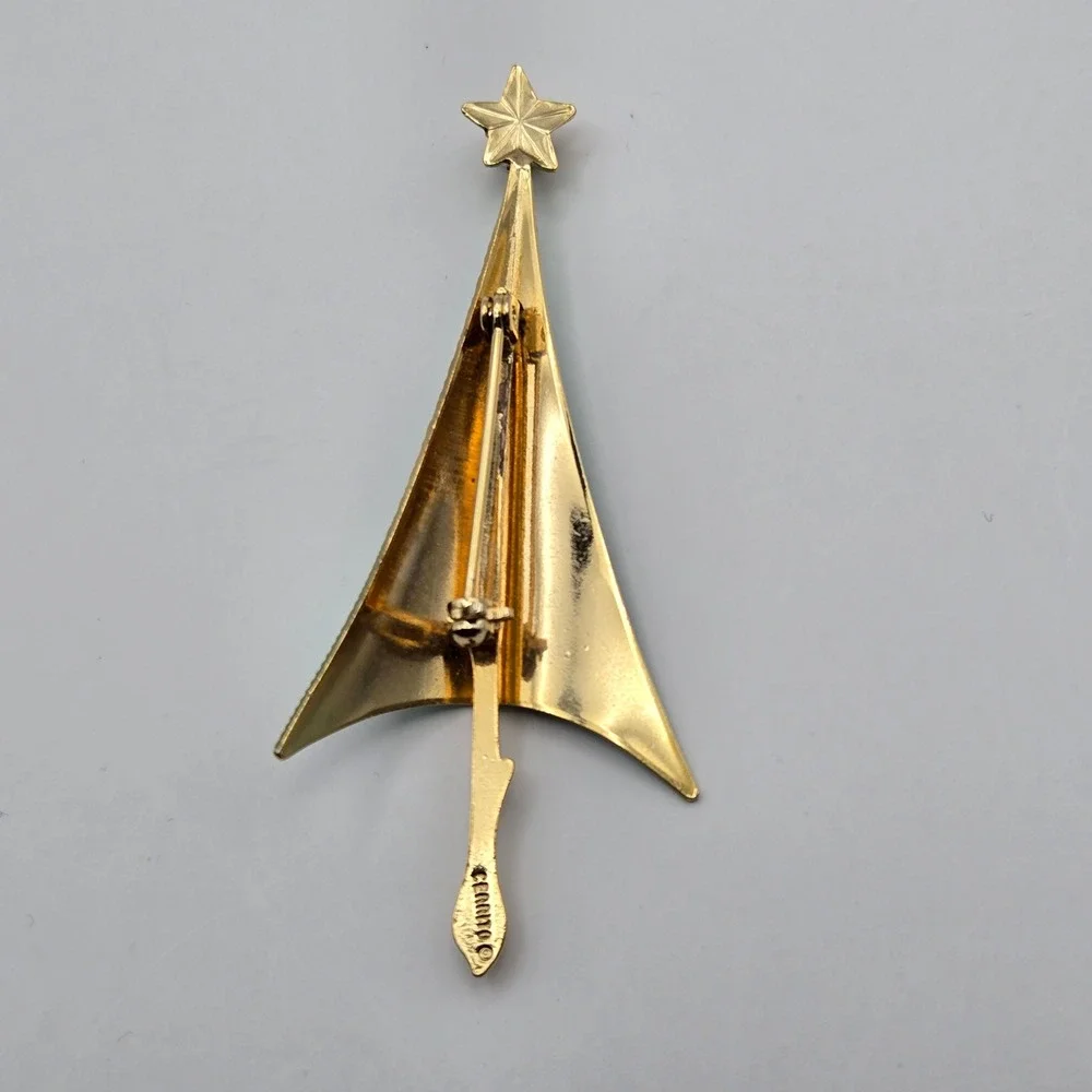 Cerrito Christmas Tree Brooch Green Enamel Rhinestone Star Signed Vintage